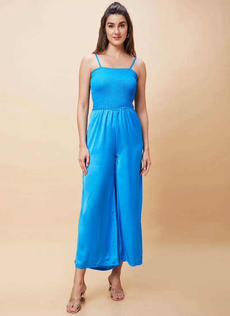 globus Blue Globus Women Blue Shoulder Strap Smocked Basic Jumpsuit for Women | Best Price UAE